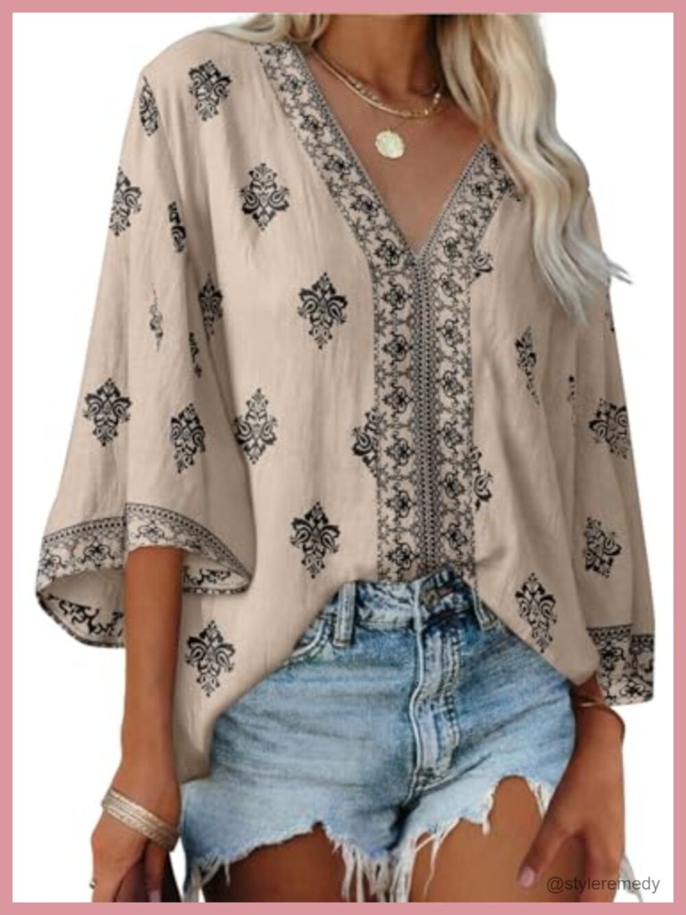 Womens Floral Print Deep V Neck 3/4 Bell Sleeve Boho Tunic Blouse